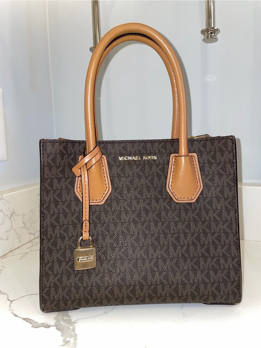 Michael Kors Brown MK Logo Satchel with Tan Handles
